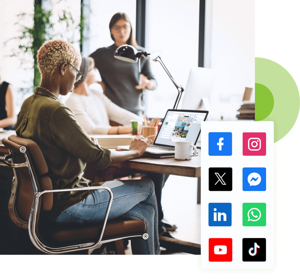 Women working in an office. Social Media icons are overlaid.